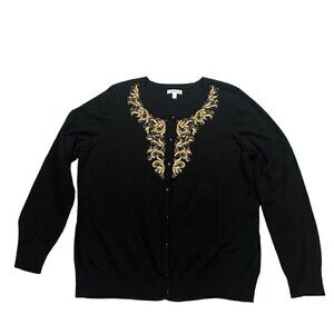 Croft & Barrow Black with Embroidered Gold Filigree Cardigan Sweater Size XL